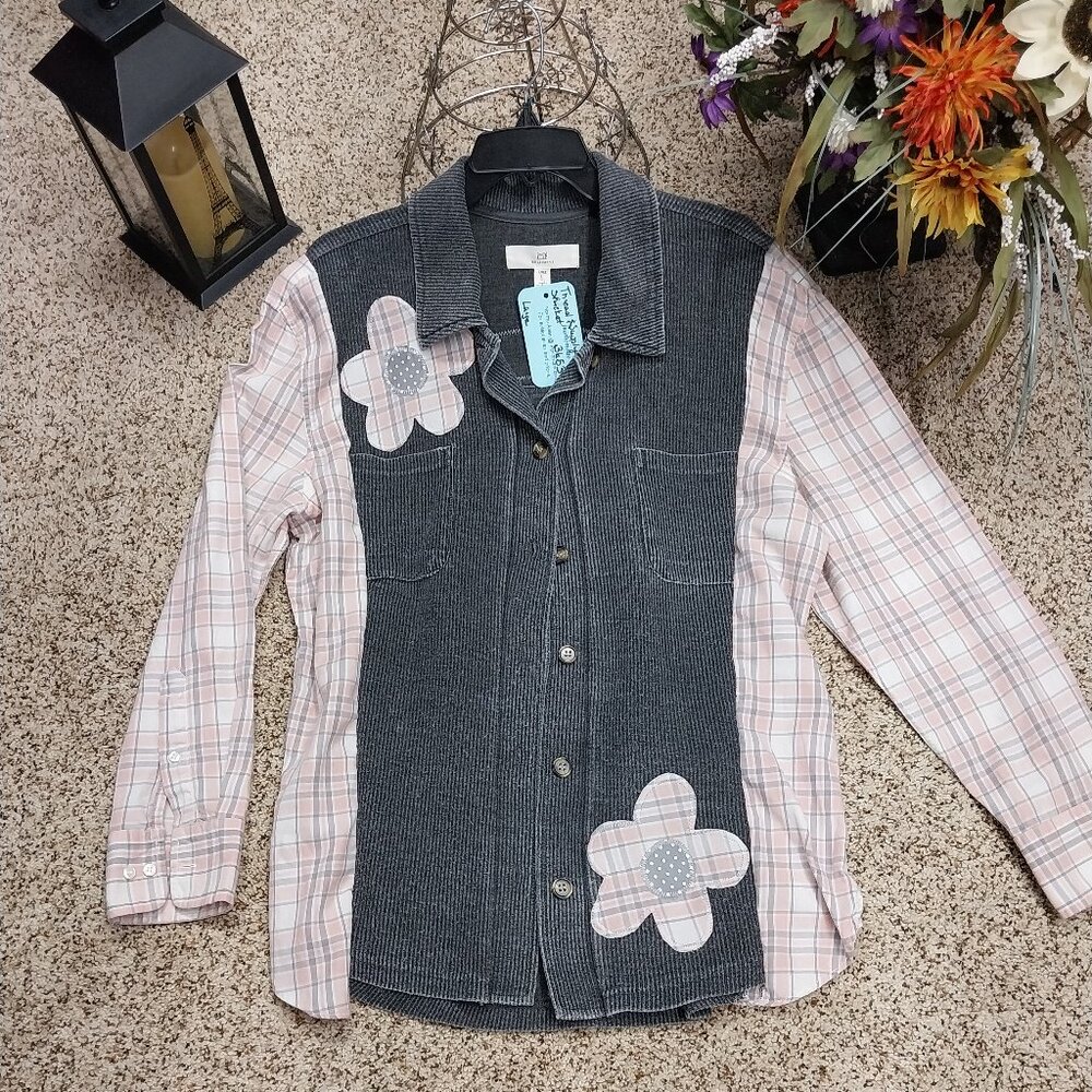 3653 Size Large Thread & Supply Upcycled Shacket in Grey and Pink.
